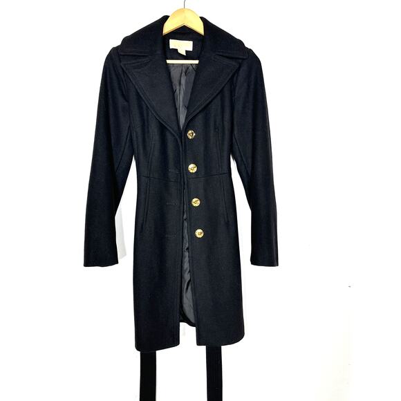 Michael Michael Kors Missy Trench Coat Wool Blend Belted Longline Jacket Black S - Picture 3 of 10